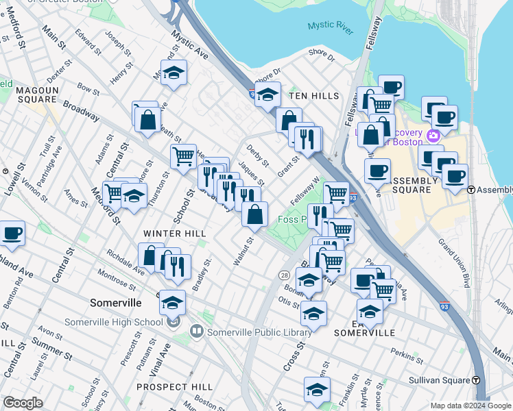 map of restaurants, bars, coffee shops, grocery stores, and more near 2/53 Wheatland Street in Somerville