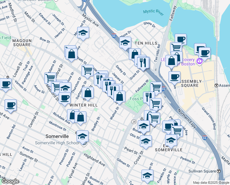 map of restaurants, bars, coffee shops, grocery stores, and more near 2/53 Wheatland Street in Somerville
