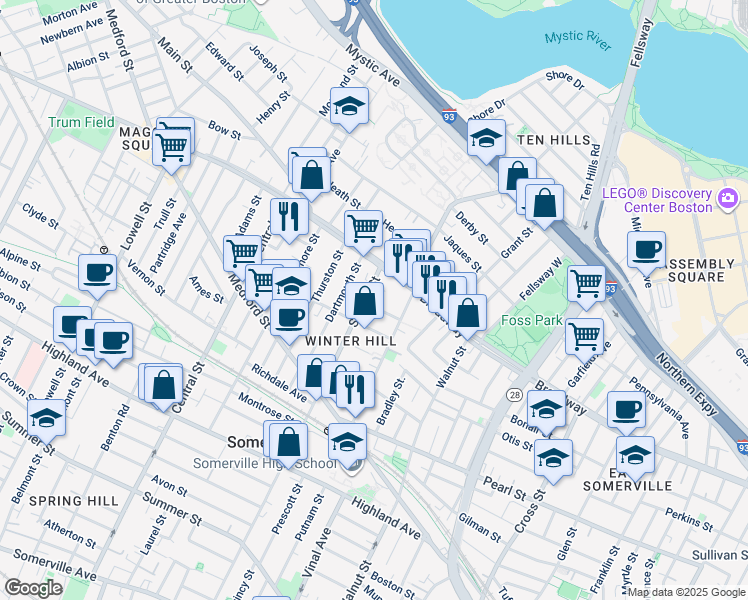 map of restaurants, bars, coffee shops, grocery stores, and more near in Somerville