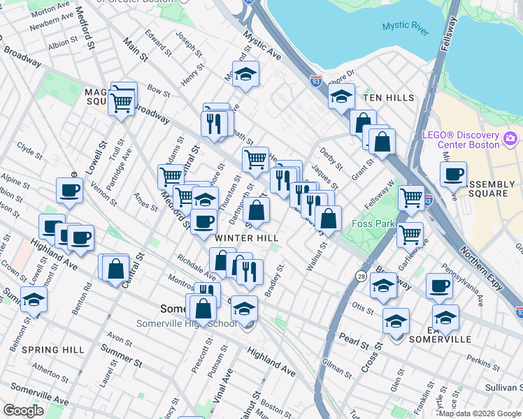 map of restaurants, bars, coffee shops, grocery stores, and more near in Somerville