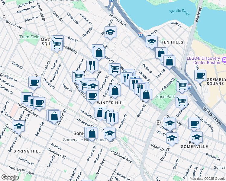 map of restaurants, bars, coffee shops, grocery stores, and more near in Somerville