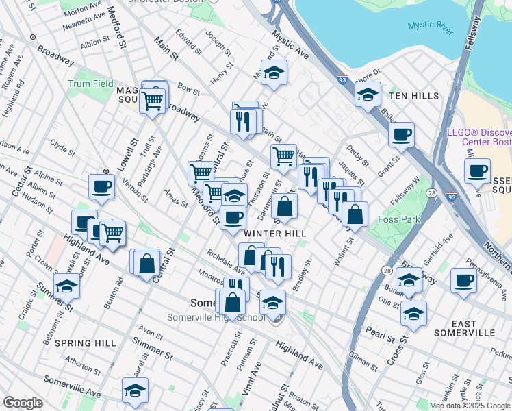 map of restaurants, bars, coffee shops, grocery stores, and more near 30 Dartmouth Street in Somerville