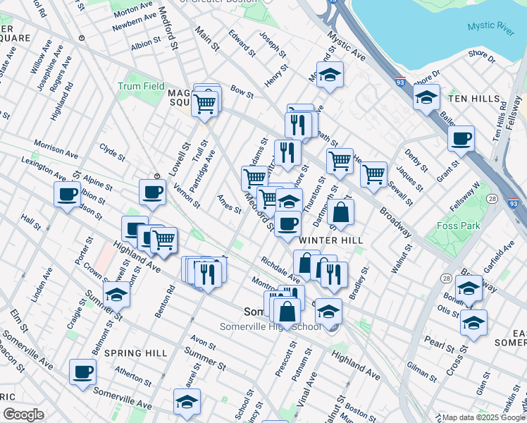 map of restaurants, bars, coffee shops, grocery stores, and more near 418 Medford Street in Somerville
