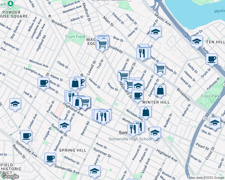 map of restaurants, bars, coffee shops, grocery stores, and more near 122 Central Street in Somerville