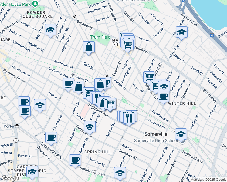 map of restaurants, bars, coffee shops, grocery stores, and more near 28 Woodbine Street in Somerville