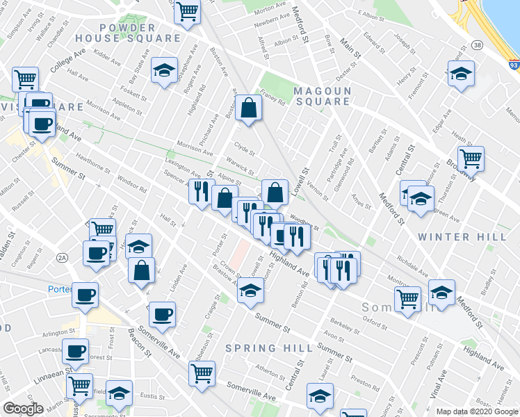 map of restaurants, bars, coffee shops, grocery stores, and more near 121 Hudson Street in Somerville