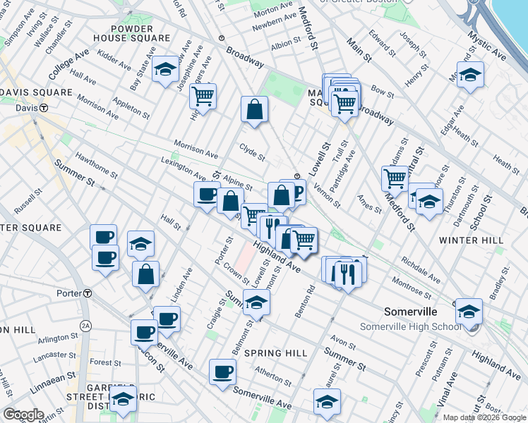 map of restaurants, bars, coffee shops, grocery stores, and more near 121 Hudson Street in Somerville
