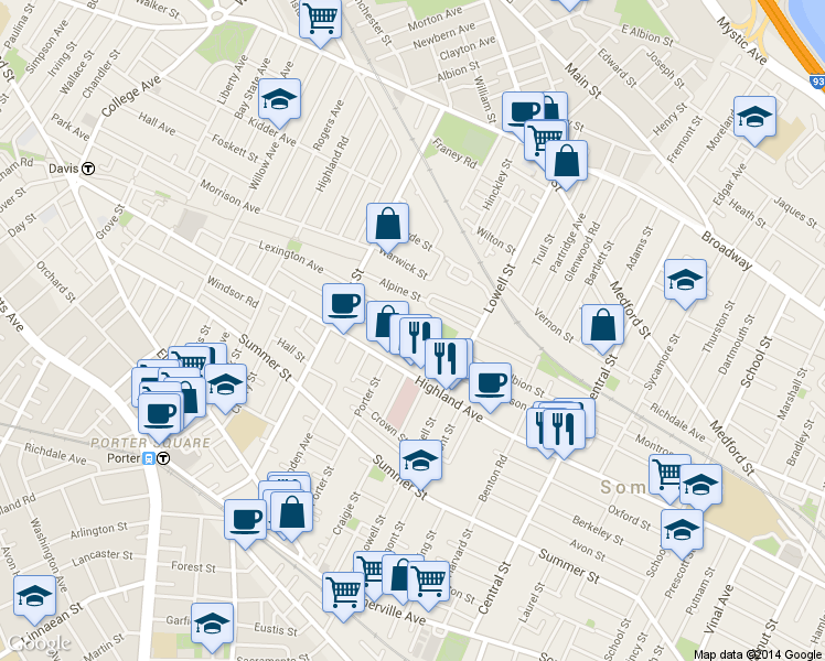 map of restaurants, bars, coffee shops, grocery stores, and more near 121 Hudson Street in Somerville