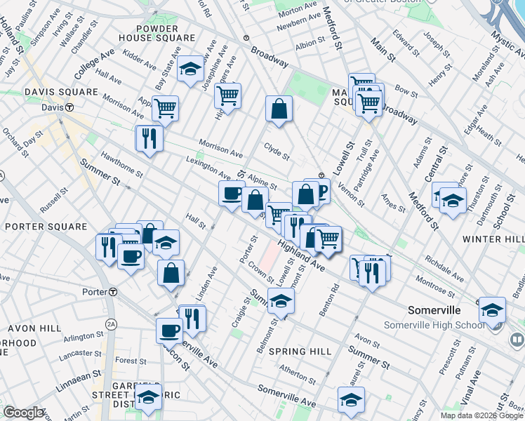 map of restaurants, bars, coffee shops, grocery stores, and more near 257 Highland Avenue in Somerville