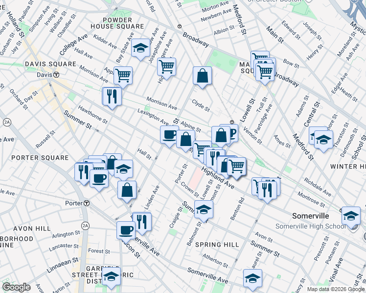 map of restaurants, bars, coffee shops, grocery stores, and more near 257 Highland Avenue in Somerville