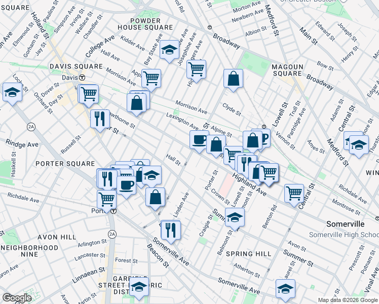 map of restaurants, bars, coffee shops, grocery stores, and more near 9 Eastman Road in Somerville