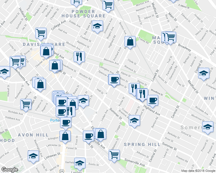 map of restaurants, bars, coffee shops, grocery stores, and more near 11 Hall Street in Somerville