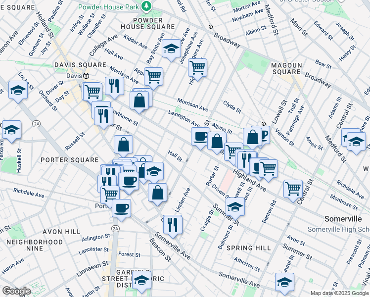 map of restaurants, bars, coffee shops, grocery stores, and more near 11 Hall Street in Somerville