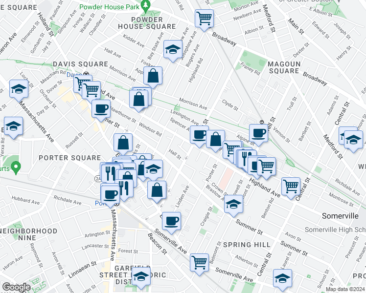 map of restaurants, bars, coffee shops, grocery stores, and more near 11 Hall Street in Somerville