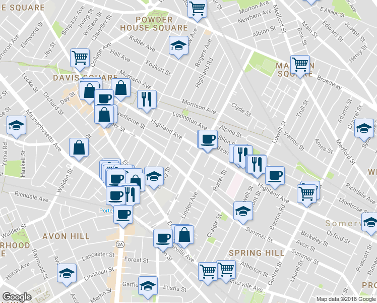 map of restaurants, bars, coffee shops, grocery stores, and more near 11 Hall Street in Somerville