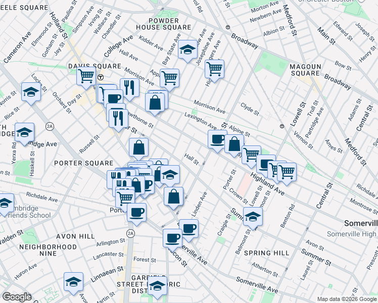 map of restaurants, bars, coffee shops, grocery stores, and more near 283 Summer Street in Somerville
