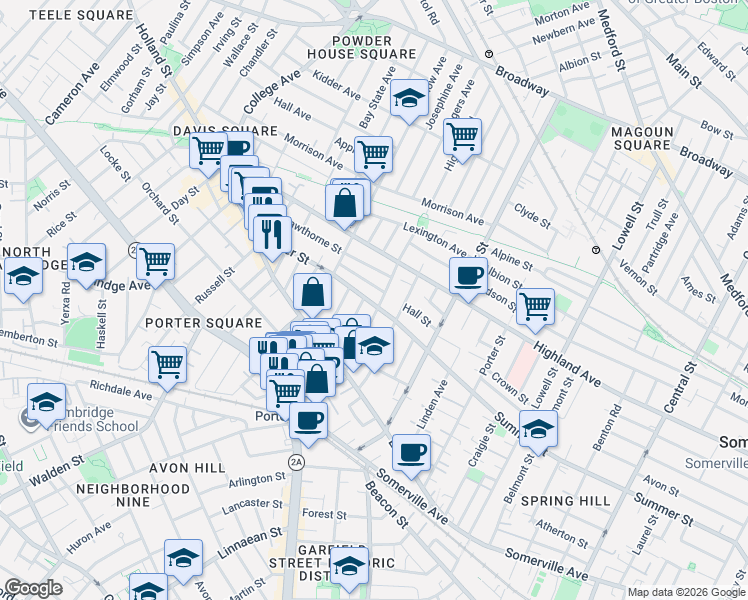 map of restaurants, bars, coffee shops, grocery stores, and more near 41 Burnside Avenue in Somerville