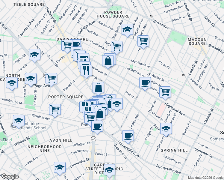 map of restaurants, bars, coffee shops, grocery stores, and more near 41 Burnside Avenue in Somerville