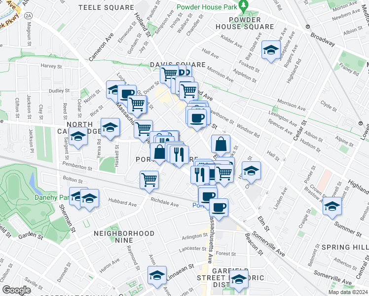 map of restaurants, bars, coffee shops, grocery stores, and more near 48 Orchard Street in Cambridge