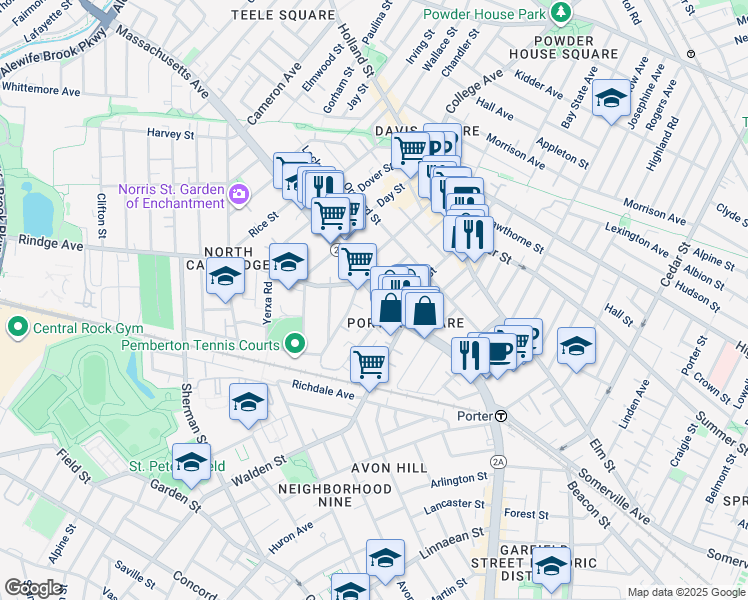map of restaurants, bars, coffee shops, grocery stores, and more near 2106 Massachusetts Avenue in Cambridge