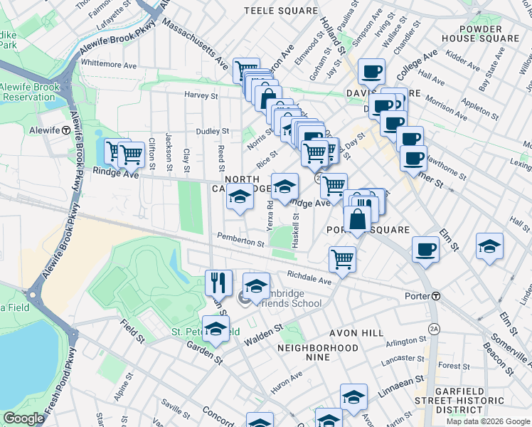 map of restaurants, bars, coffee shops, grocery stores, and more near 6 Van Norden Street in Cambridge