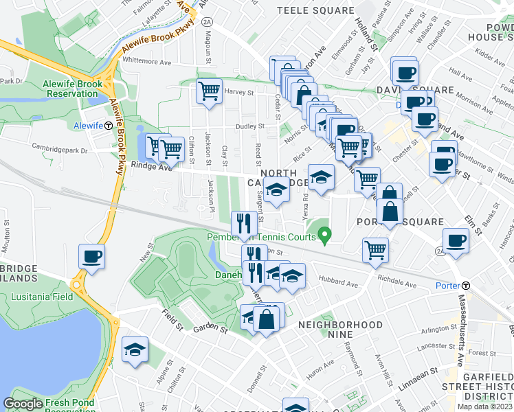 map of restaurants, bars, coffee shops, grocery stores, and more near 16 Notre Dame Avenue in Cambridge