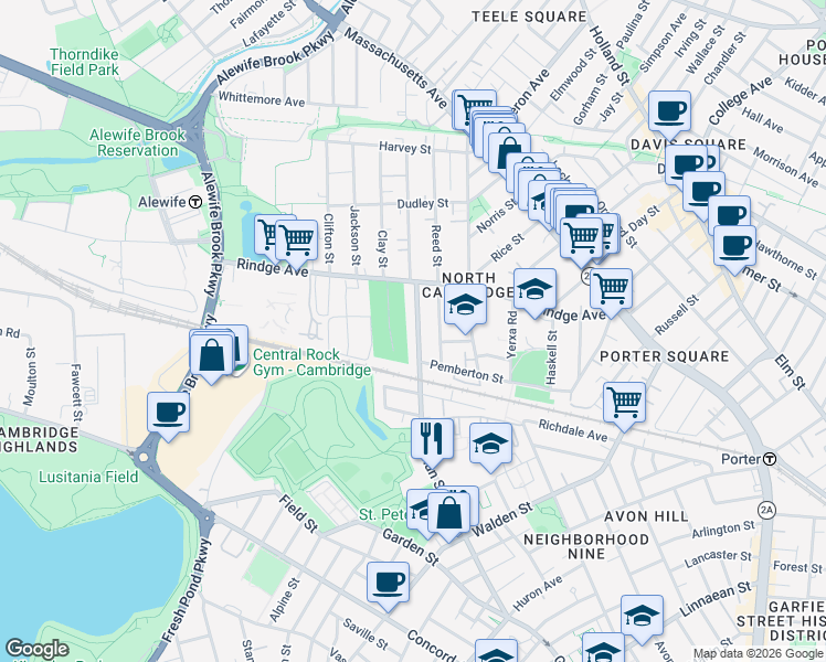 map of restaurants, bars, coffee shops, grocery stores, and more near 159 Sherman Street in Cambridge