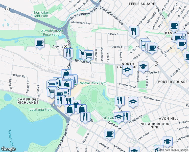 map of restaurants, bars, coffee shops, grocery stores, and more near 80 Jackson Circle in Cambridge