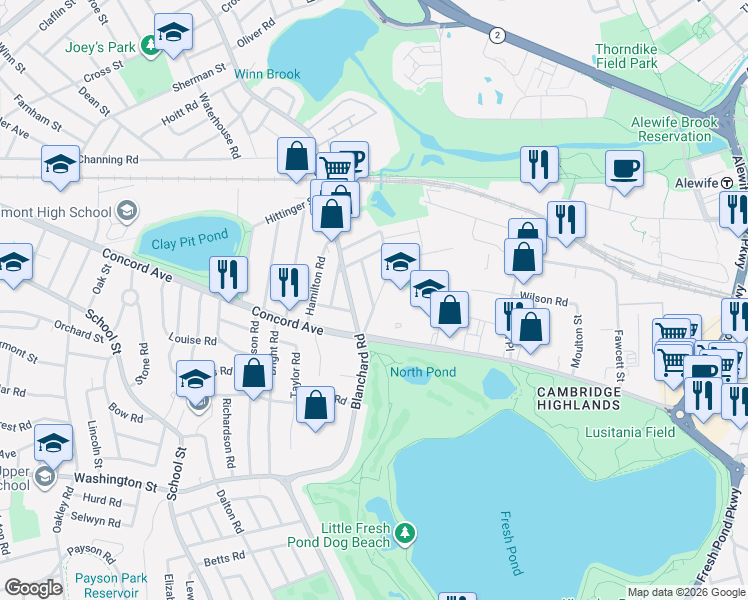 map of restaurants, bars, coffee shops, grocery stores, and more near 17-19 Griswold Street in Cambridge