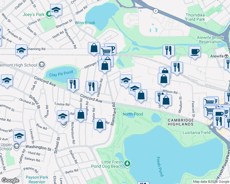 map of restaurants, bars, coffee shops, grocery stores, and more near 17-19 Griswold Street in Cambridge