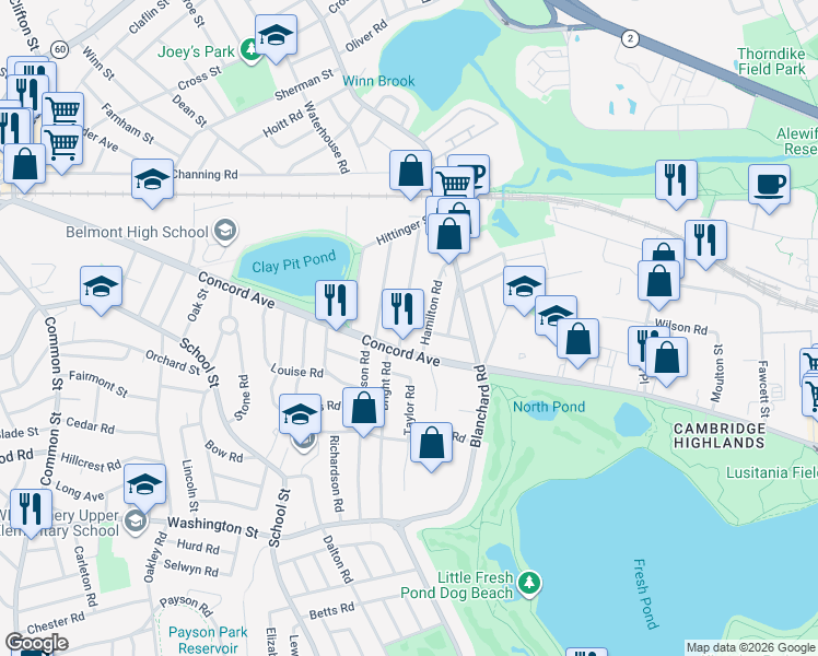 map of restaurants, bars, coffee shops, grocery stores, and more near 57 Concord Avenue in Belmont