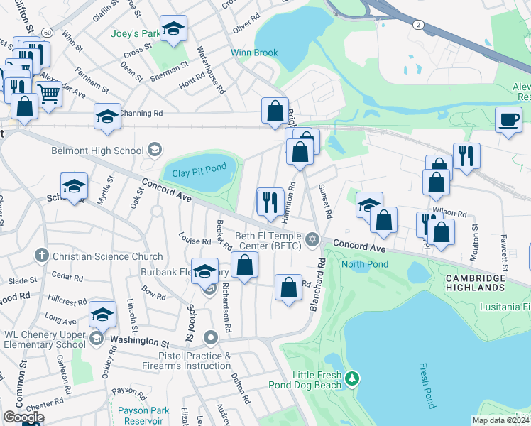 map of restaurants, bars, coffee shops, grocery stores, and more near 57 Concord Avenue in Belmont