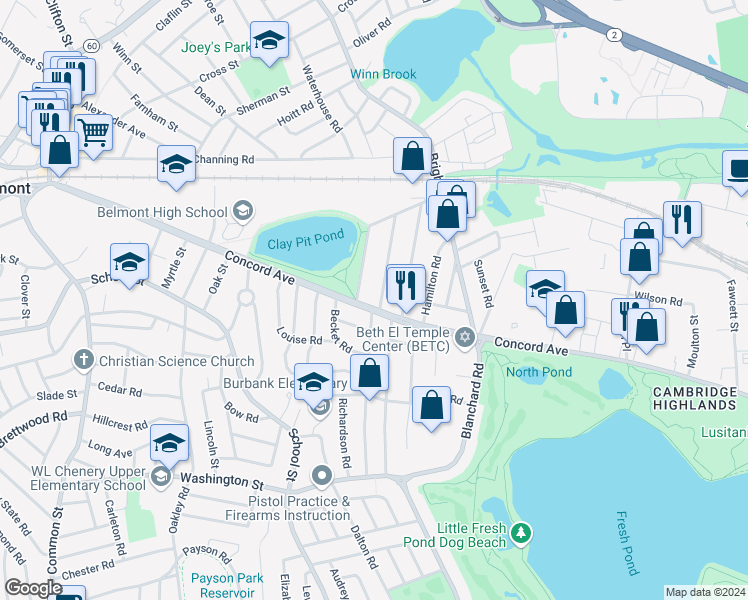 map of restaurants, bars, coffee shops, grocery stores, and more near 90 Concord Avenue in Belmont