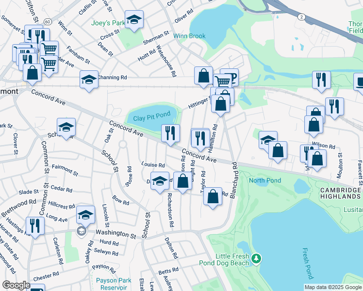 map of restaurants, bars, coffee shops, grocery stores, and more near 90 Concord Avenue in Belmont