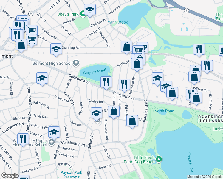 map of restaurants, bars, coffee shops, grocery stores, and more near 90 Concord Avenue in Belmont