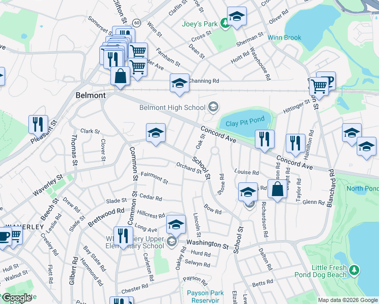map of restaurants, bars, coffee shops, grocery stores, and more near 123 School Street in Belmont