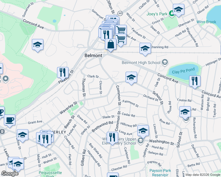 map of restaurants, bars, coffee shops, grocery stores, and more near 315 Waverley Street in Belmont