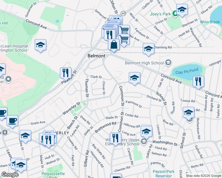 map of restaurants, bars, coffee shops, grocery stores, and more near 315 Waverley Street in Belmont