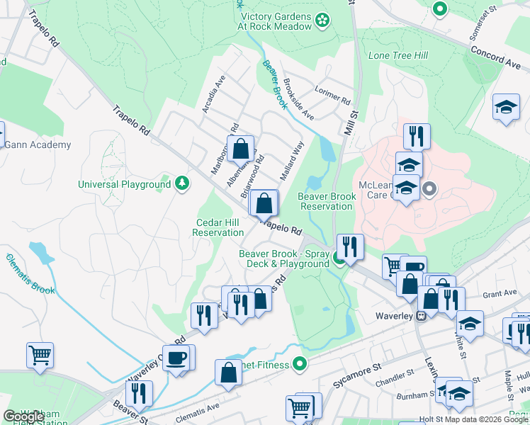 map of restaurants, bars, coffee shops, grocery stores, and more near 86 Trapelo Road in Waltham