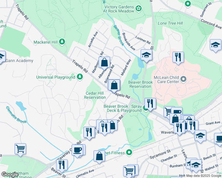 map of restaurants, bars, coffee shops, grocery stores, and more near 86 Trapelo Road in Waltham