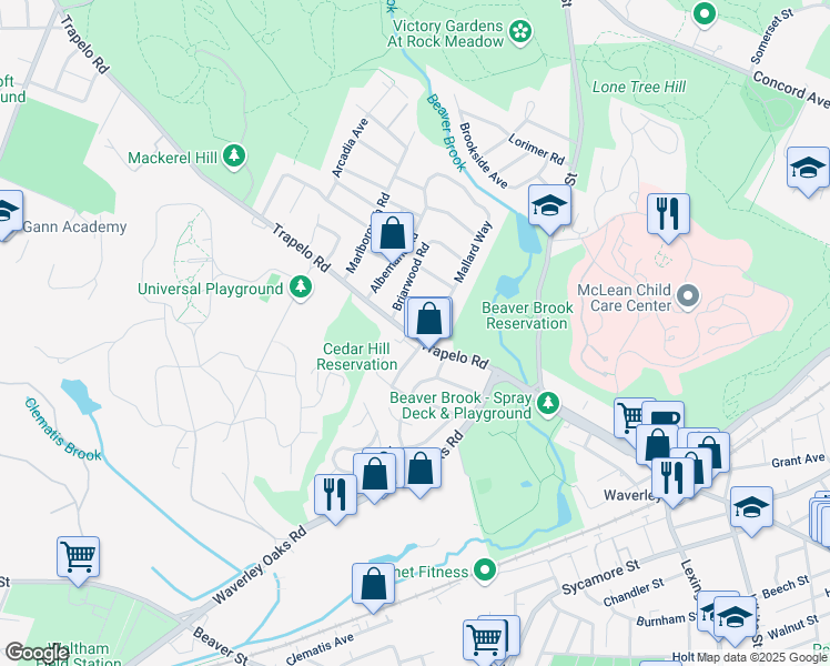 map of restaurants, bars, coffee shops, grocery stores, and more near 86 Trapelo Road in Waltham