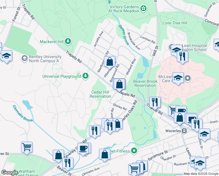 map of restaurants, bars, coffee shops, grocery stores, and more near 106 Shirley Road in Waltham