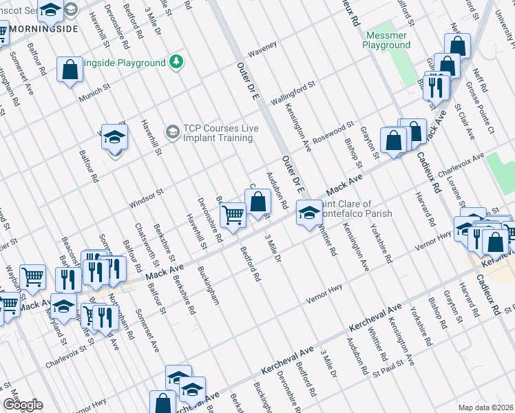map of restaurants, bars, coffee shops, grocery stores, and more near 3431 Courville Street in Detroit