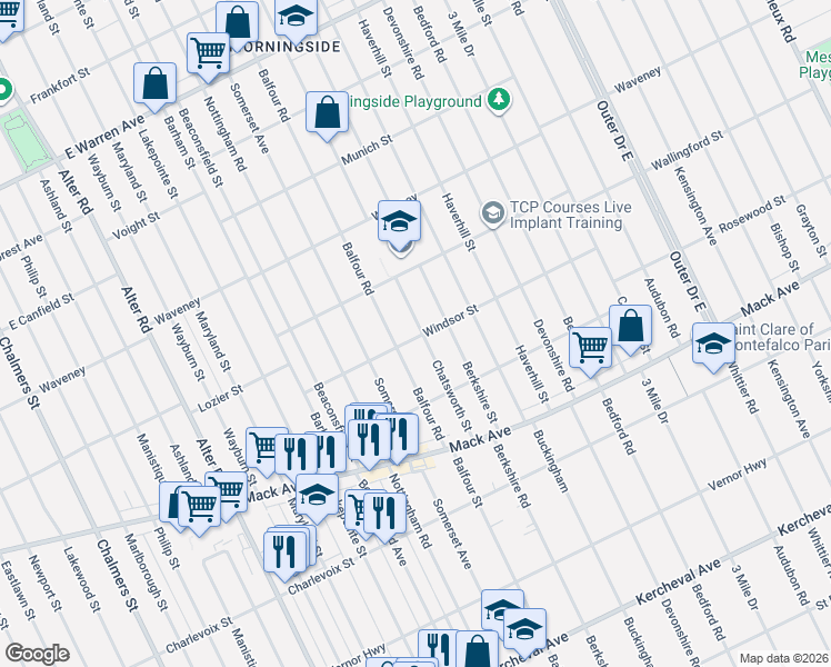 map of restaurants, bars, coffee shops, grocery stores, and more near 3700 Balfour Road in Detroit