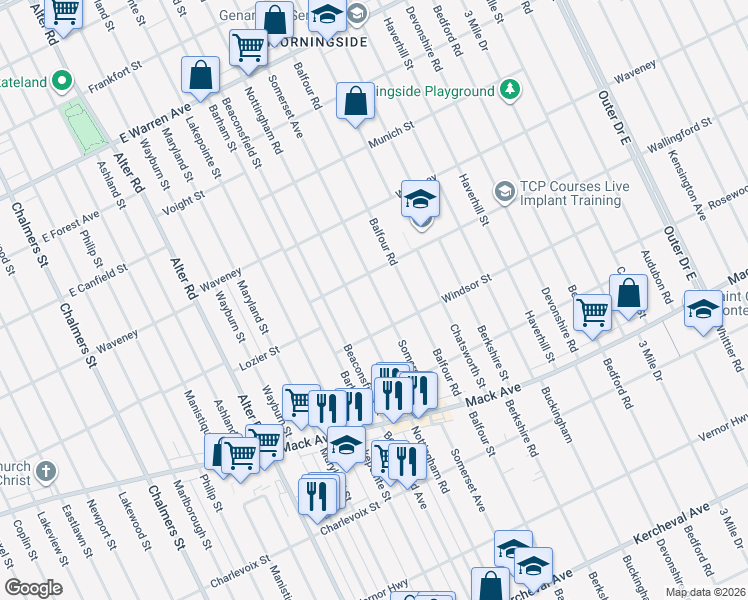 map of restaurants, bars, coffee shops, grocery stores, and more near 3911 Somerset Avenue in Detroit