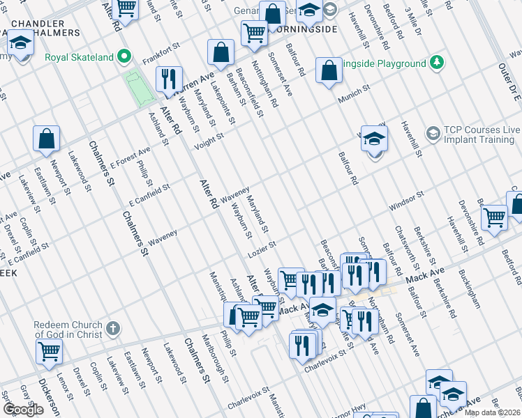 map of restaurants, bars, coffee shops, grocery stores, and more near 4191 Maryland Street in Detroit