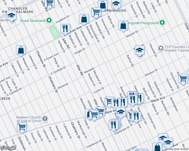 map of restaurants, bars, coffee shops, grocery stores, and more near 4191 Maryland Street in Detroit