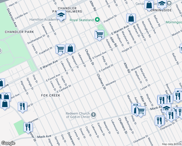 map of restaurants, bars, coffee shops, grocery stores, and more near 4414 Lakewood Street in Detroit