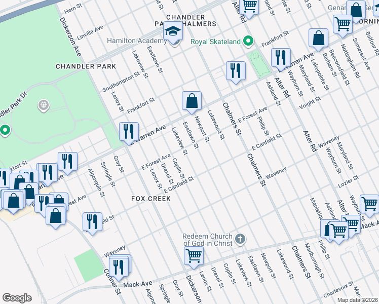 map of restaurants, bars, coffee shops, grocery stores, and more near 4685 Lakeview Street in Detroit