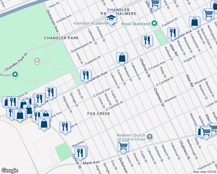 map of restaurants, bars, coffee shops, grocery stores, and more near 4714 Drexel Street in Detroit